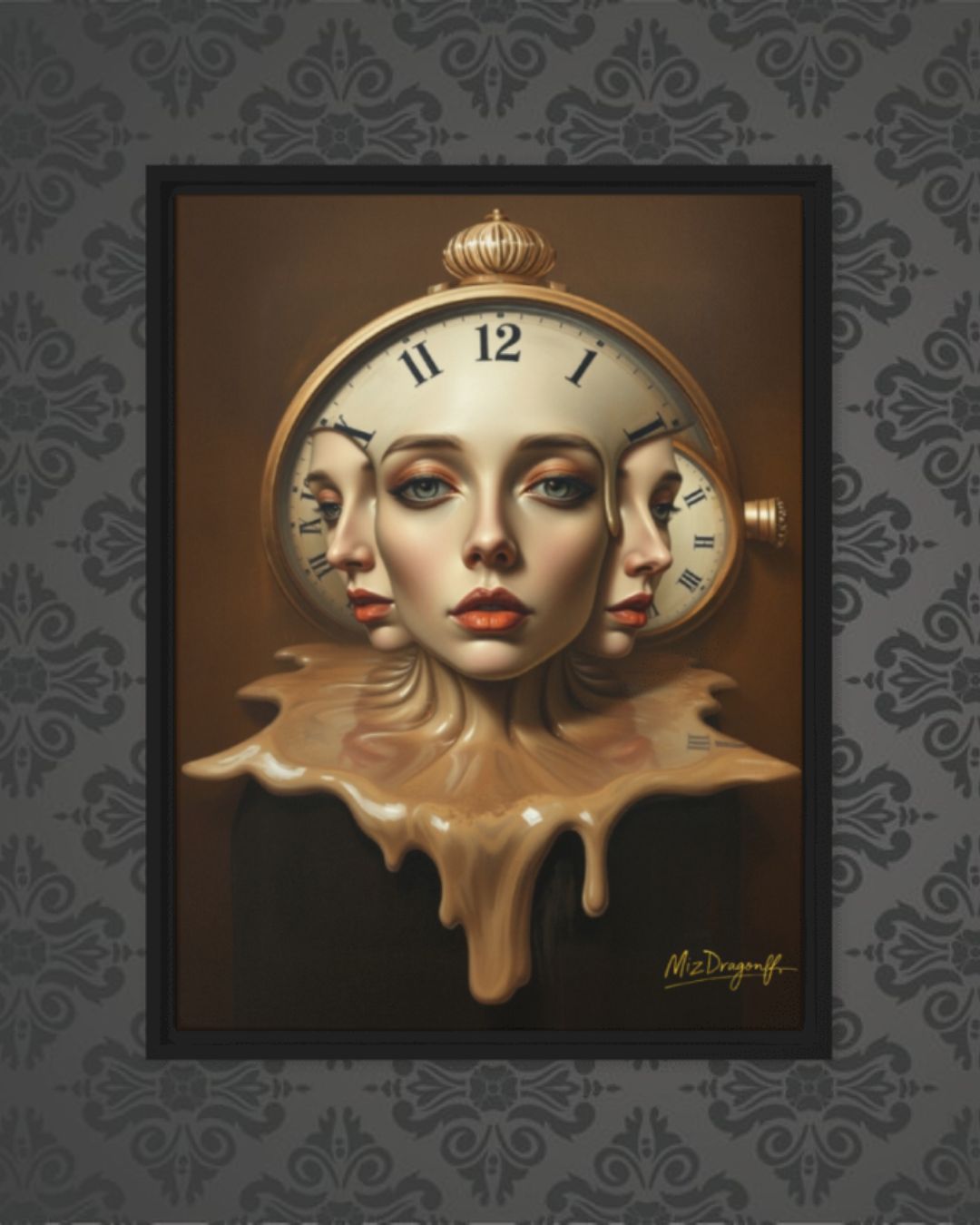 MizDragonfly Woman Faces with Clock Artwork Timeless Collection Perpetual Canvas on Wallpaper