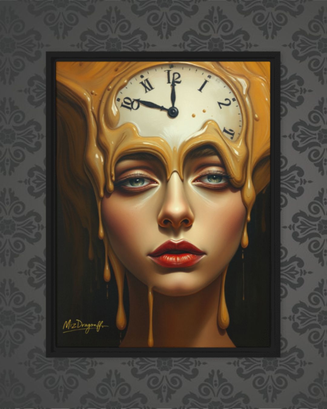 MizDragonfly Woman Face with Clock Artwork Timeless Collection Precision Canvas on Wallpaper
