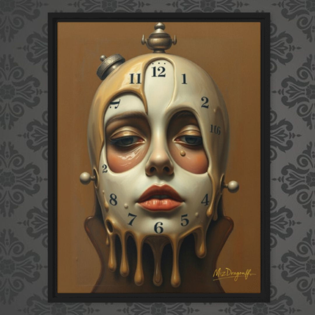 MizDragonfly Woman Face with Clock Artwork Timeless Collection Synchronicity Canvas on Wallpaper