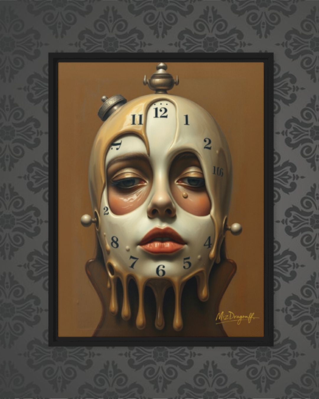 MizDragonfly Woman Face with Clock Artwork Timeless Collection Synchronicity Canvas on Wallpaper