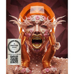 A surreal portrait artwork of a person with an orange head covering, metallic gold gloves, heart-shaped face decals, and a wide open mouth showing sharp teeth, set against a dark geometric background. A white 'AI Master Award' badge appears in the lower left corner.