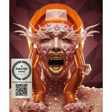A surreal portrait artwork of a person with an orange head covering, metallic gold gloves, heart-shaped face decals, and a wide open mouth showing sharp teeth, set against a dark geometric background. A white 'AI Master Award' badge appears in the lower left corner.