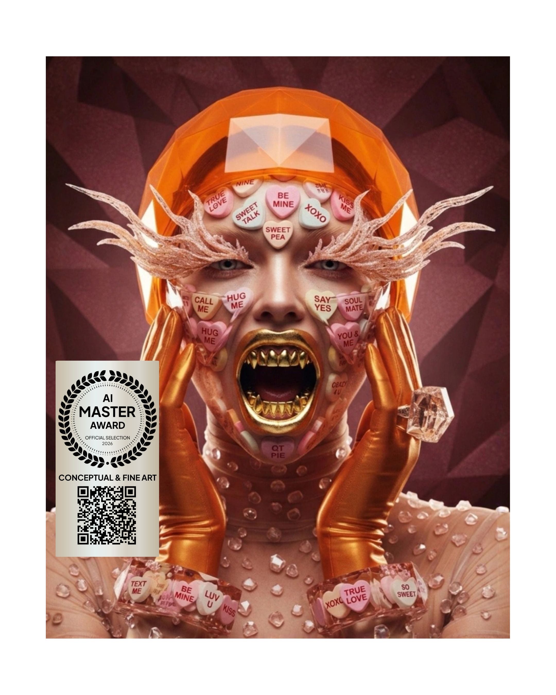 A surreal portrait artwork of a person with an orange head covering, metallic gold gloves, heart-shaped face decals, and a wide open mouth showing sharp teeth, set against a dark geometric background. A white 'AI Master Award' badge appears in the lower left corner.