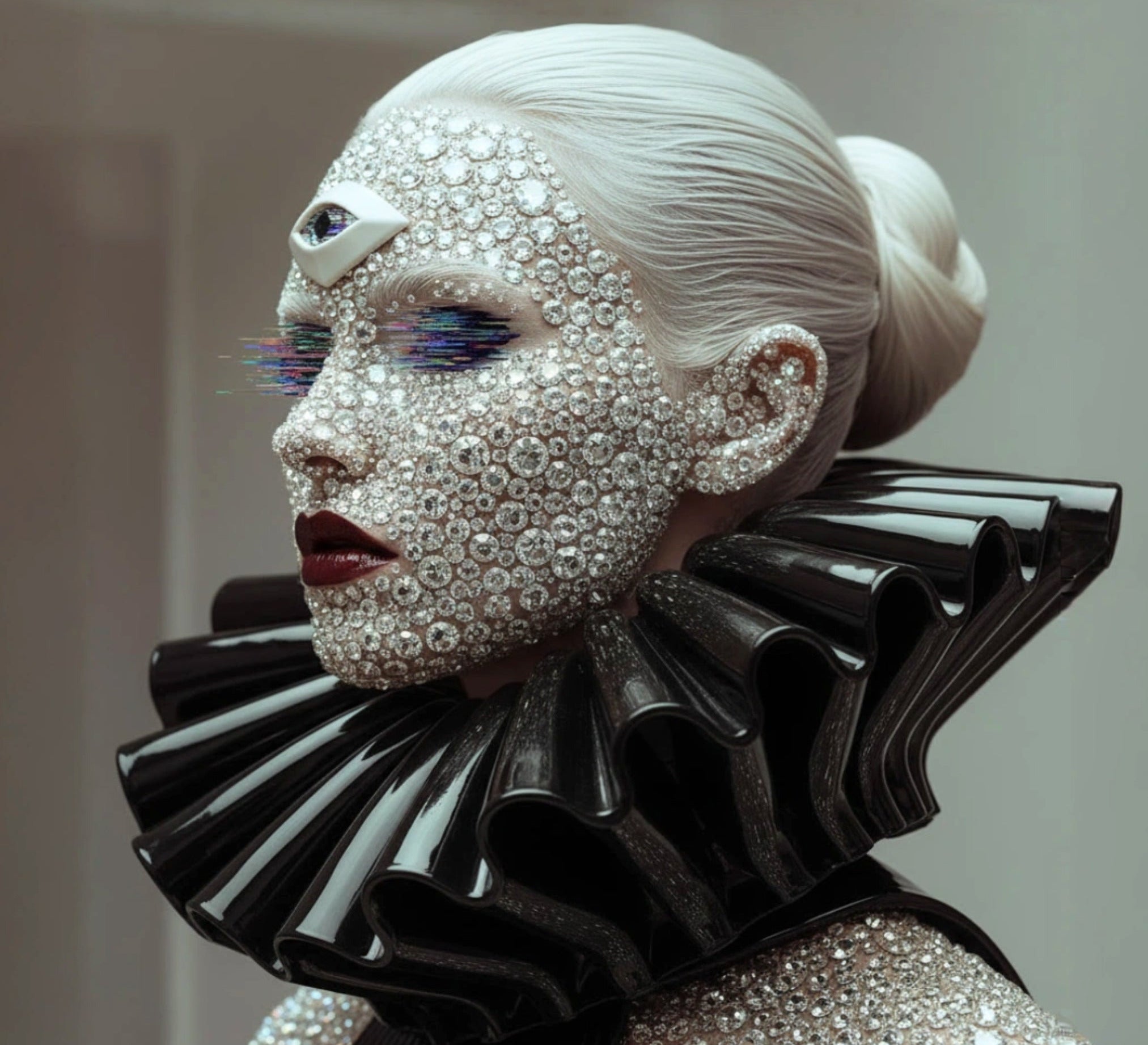 MizDragonfly Digital Haute Couture: Surrealist portrait by Toronto artist Karine Eyamie, featuring intricate gemstone-encrusted textures, a bold architectural collar, and digital glitch aesthetics.