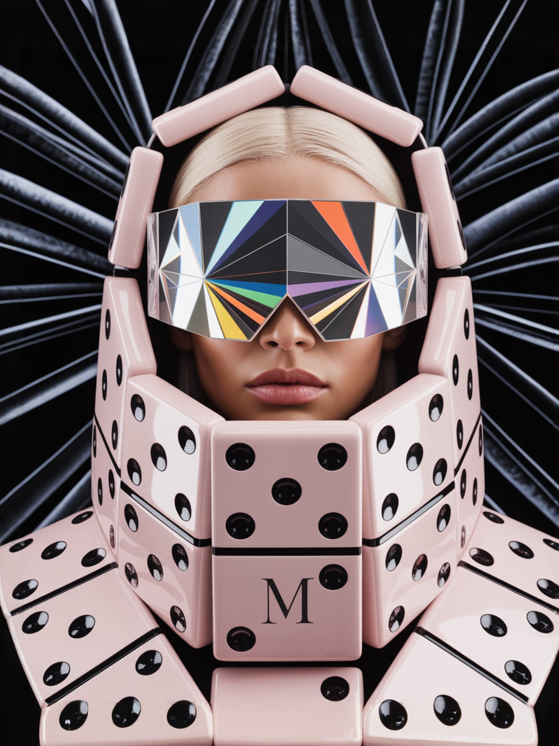A close-up of a surreal portrait of a model with sleek platinum blonde hair wearing a futuristic pink armour-like hoodie headpiece with dominos panels and a reflective geometric visor fully covering her eyes, set against a luxurious black geometric black velvet background.
