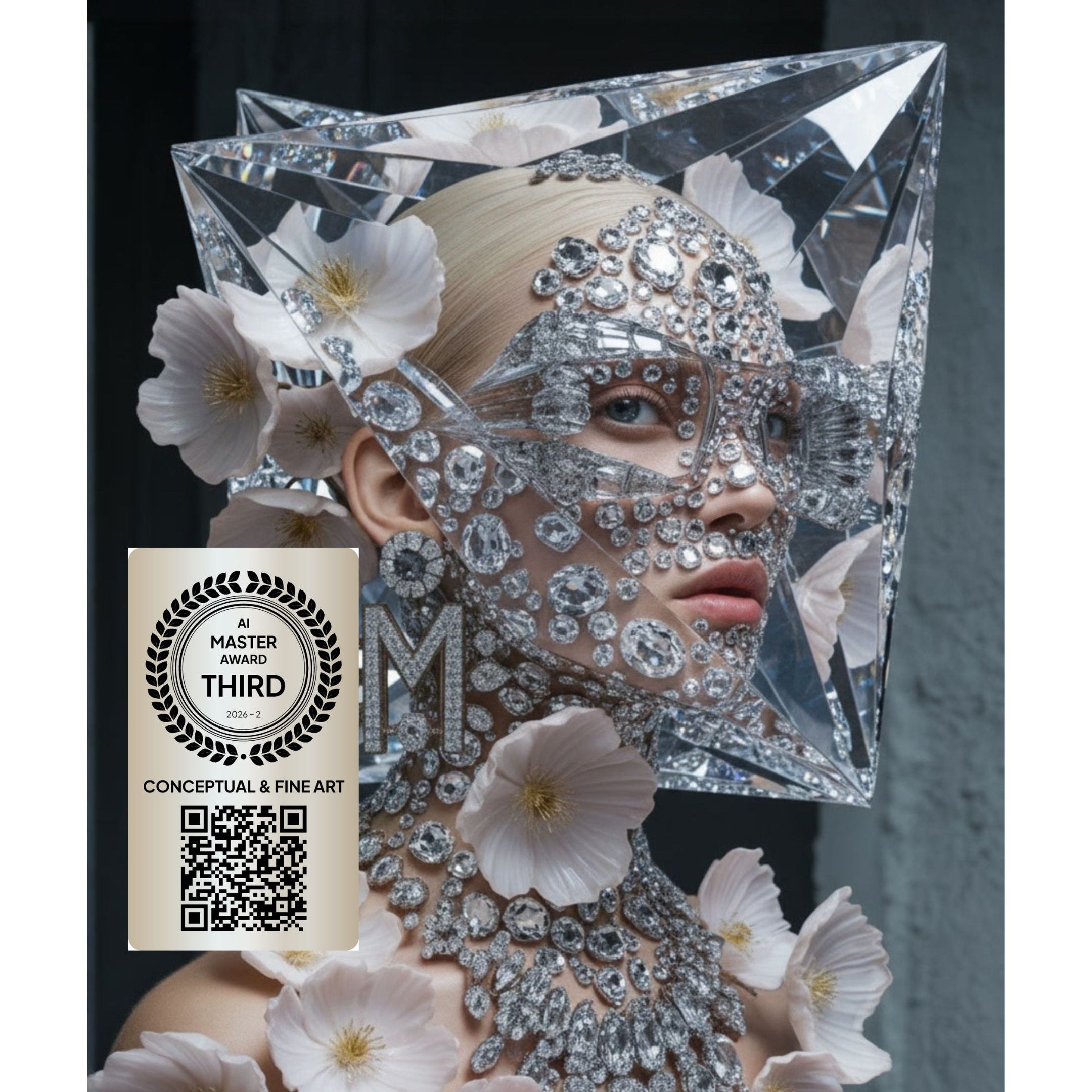 A conceptual fashion art piece featuring a model adorned with intricate silver rhinestone jewelry, large white flowers, and a faceted clear geometric headpiece against a dark background. A 'Master of Fine Art Third Place' badge is overlaid on the bottom left.
