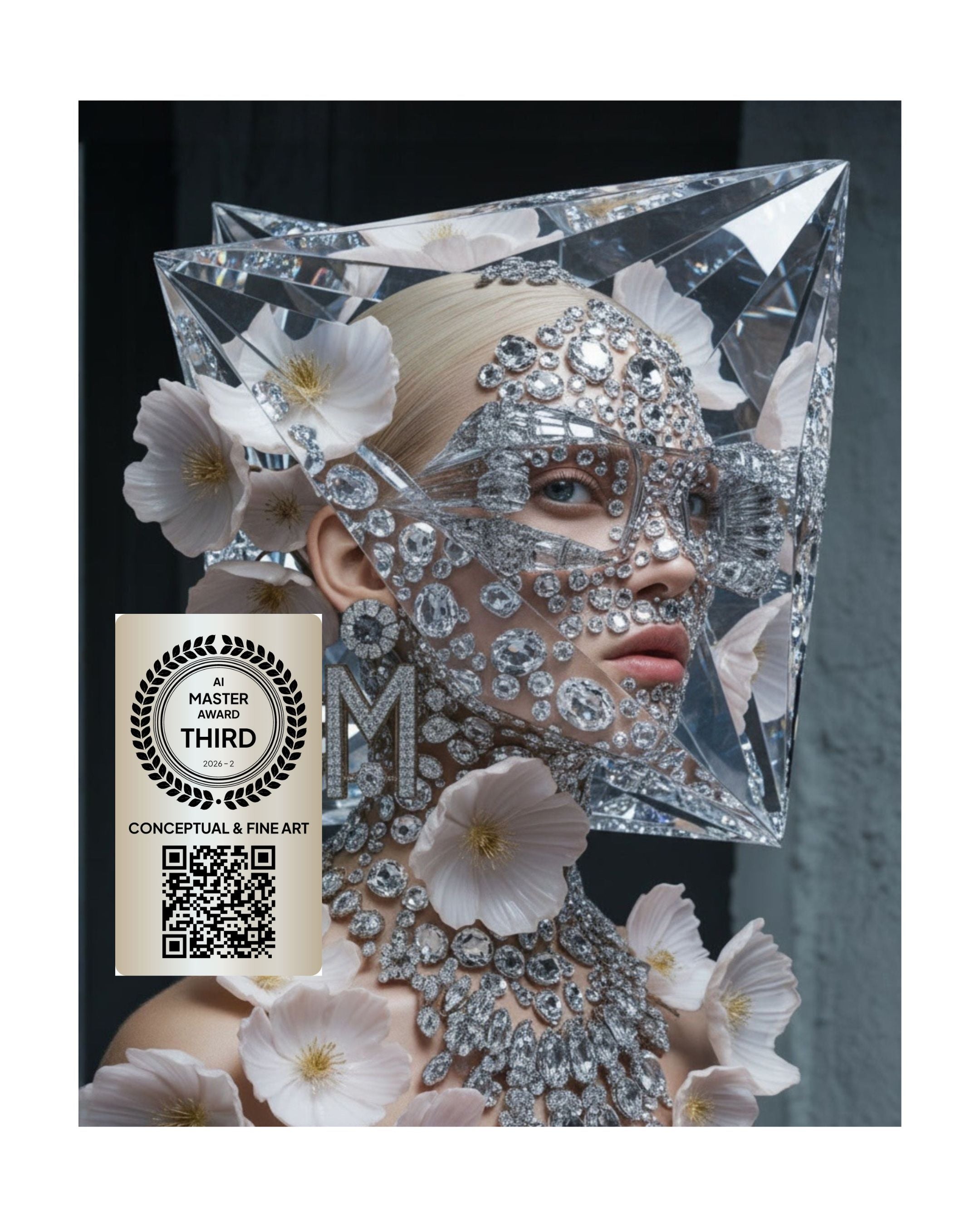 A conceptual fashion art piece featuring a model adorned with intricate silver rhinestone jewelry, large white flowers, and a faceted clear geometric headpiece against a dark background. A 'Master of Fine Art Third Place' badge is overlaid on the bottom left.