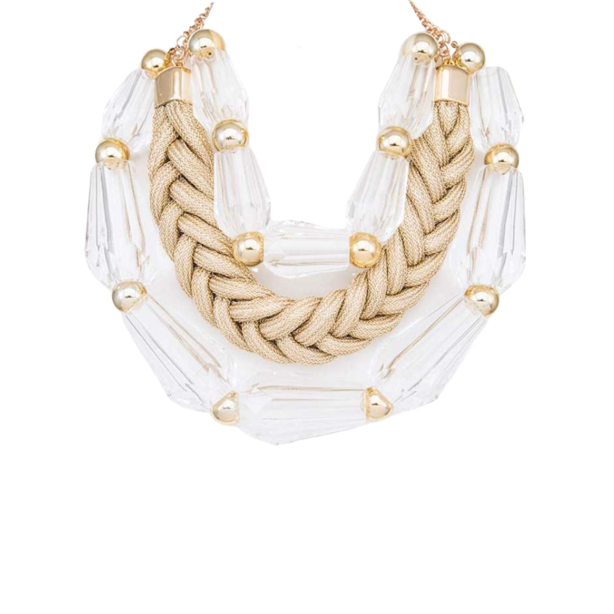 MizDragonfly Arcade Necklace Braided Gold Rope Clear Beads Statement Necklace