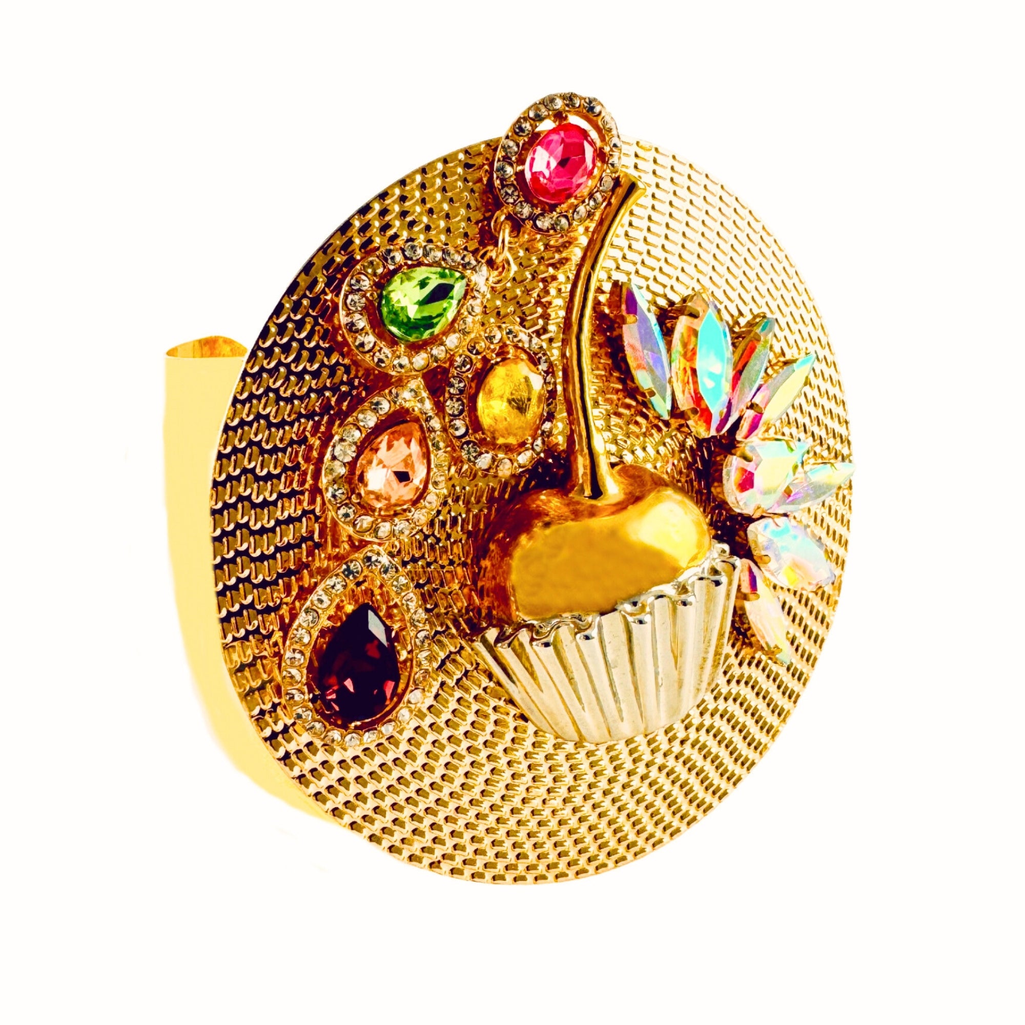 Gold Cherry Vintage Cerise Geometric Rhinestone Cuff Bracelet