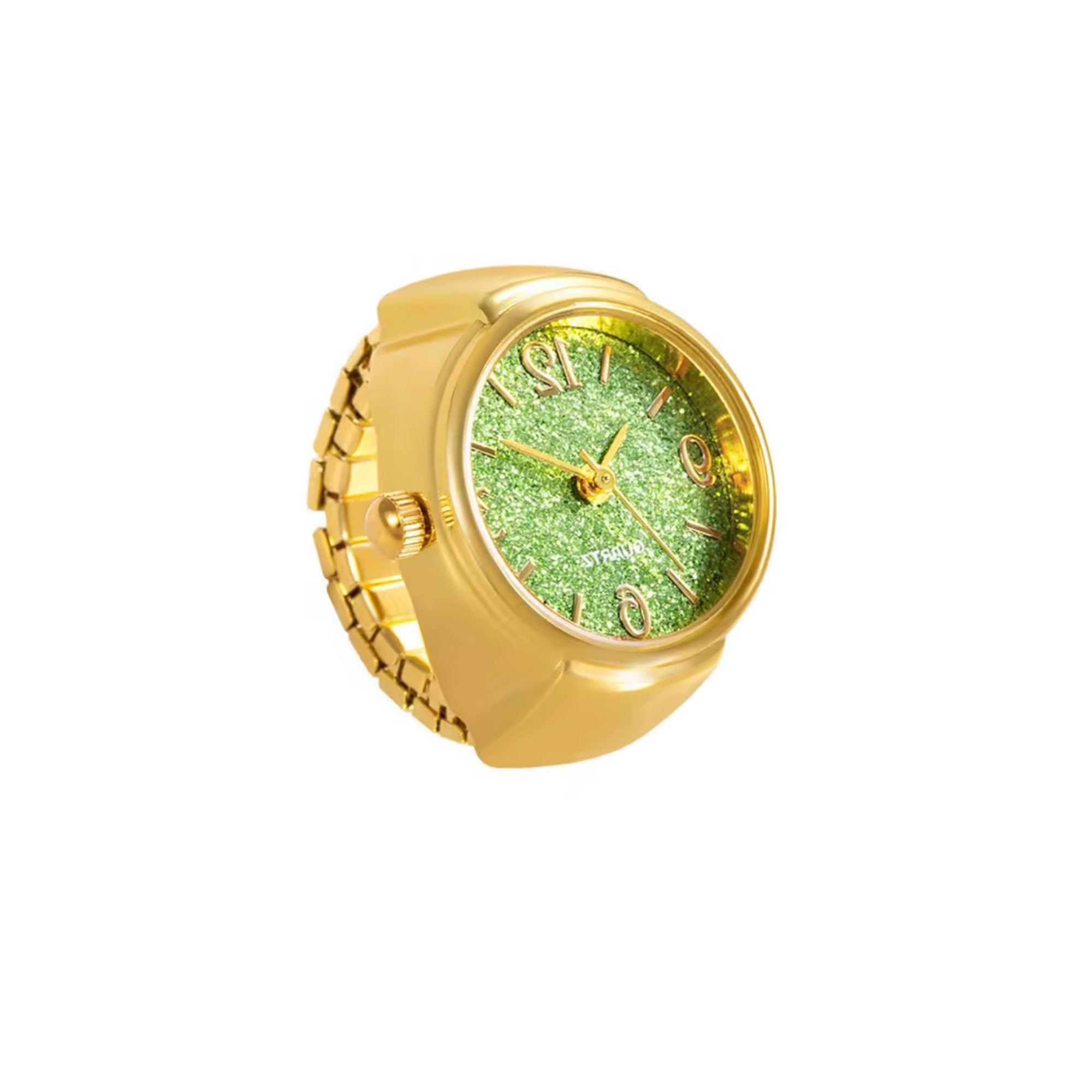 MizDragonfly Green Glitter Gold Quartz Watch Ring 