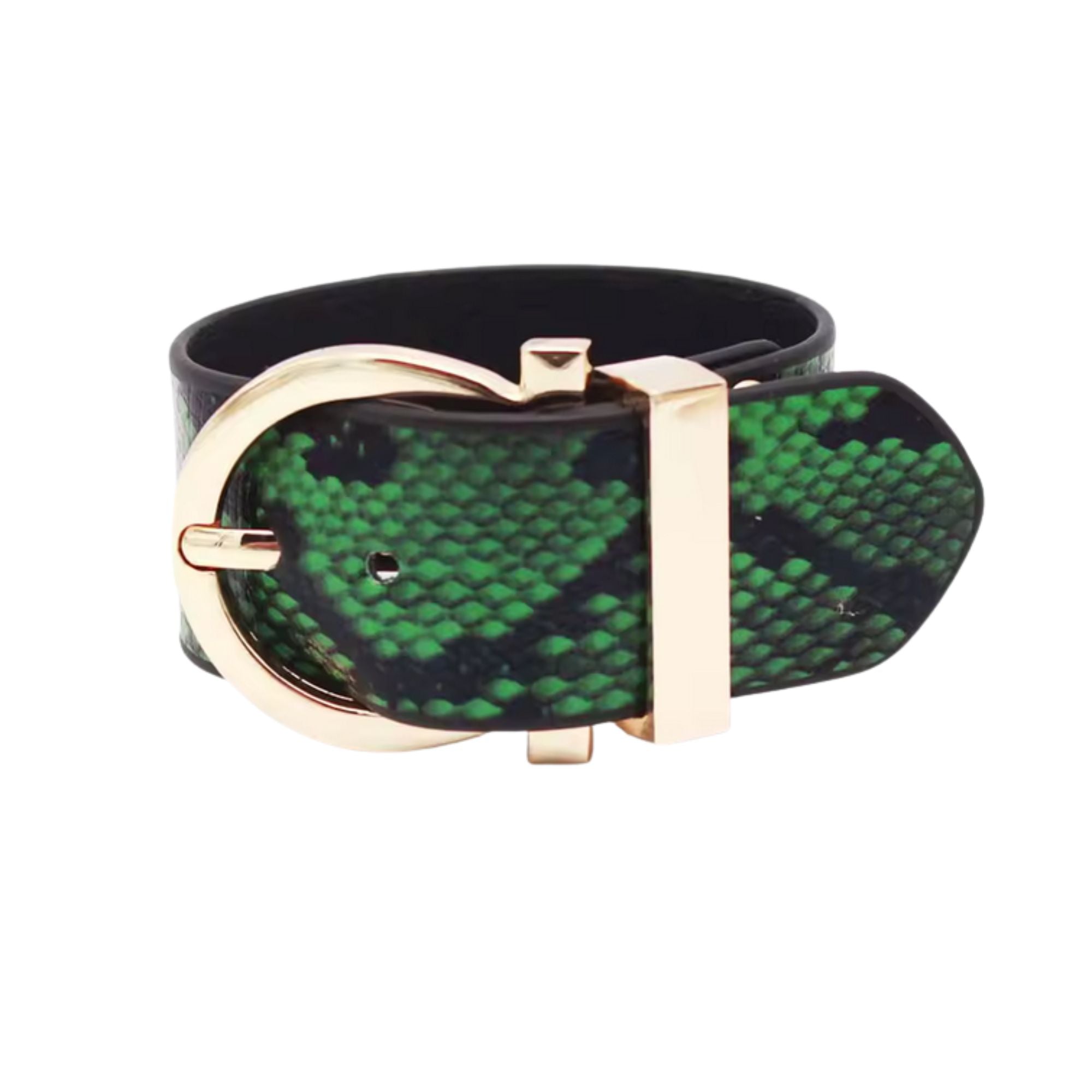 MizDragonfly Green Python Leather Snake Gold Buckle Bracelet