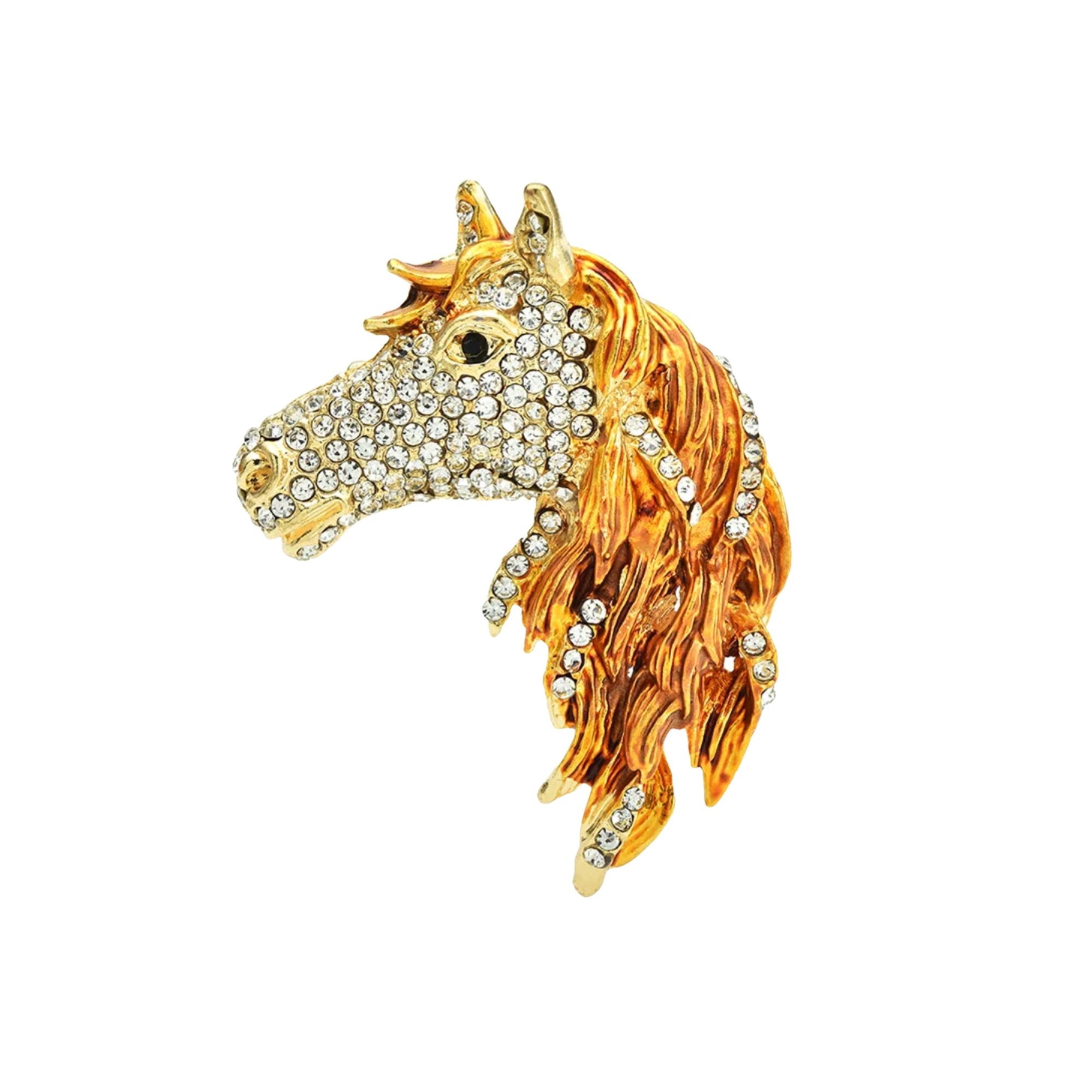 MizDragonfly Gold Horse Jewelry Brooch with Clear Rhinestone