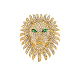 MizDragonfly Gold Lion Rhinestone Brooch with Green Eye