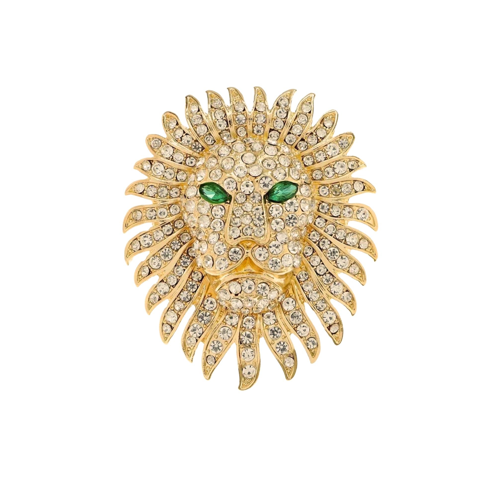 MizDragonfly Gold Lion Rhinestone Brooch with Green Eye
