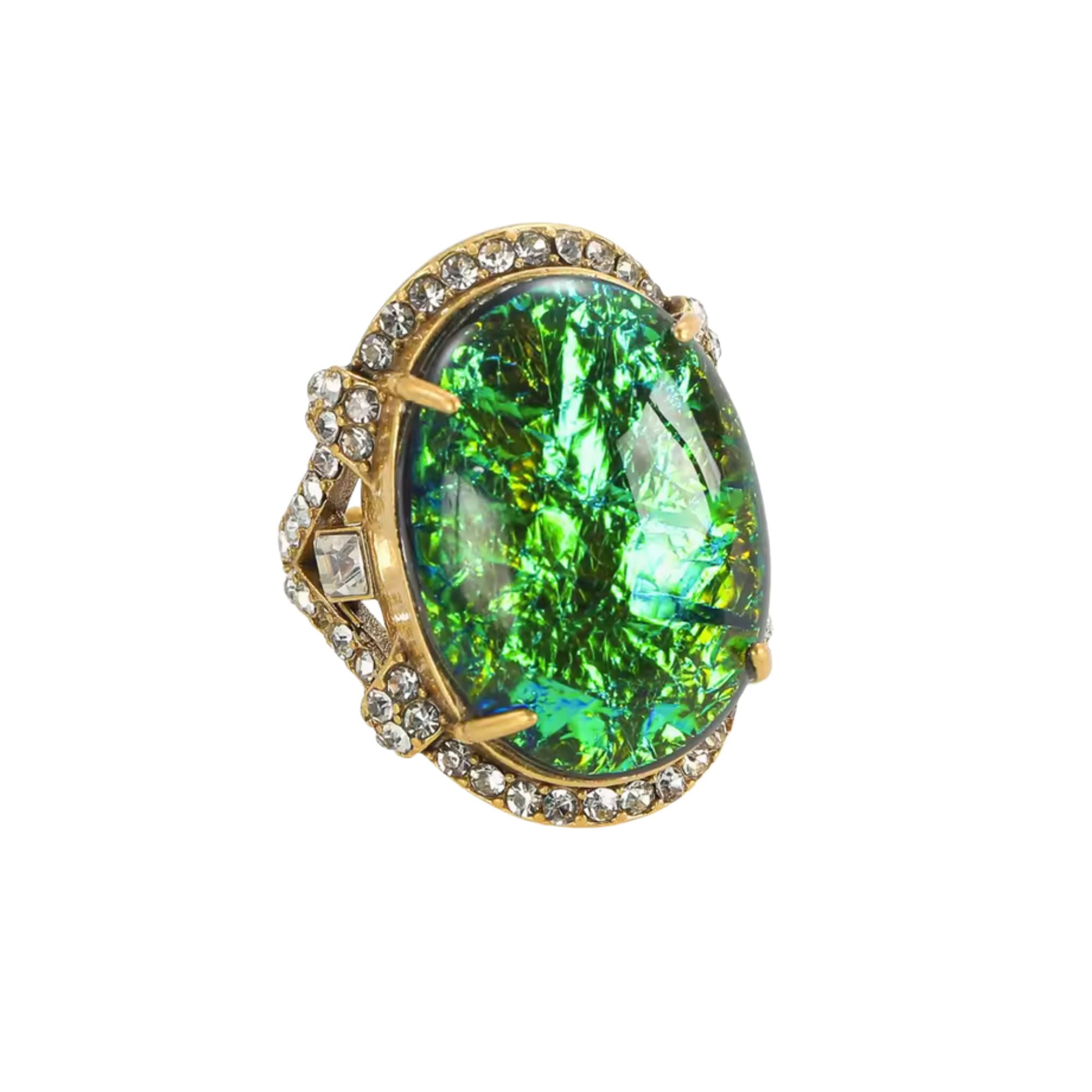 MizDragonfly Jewelry London Vintage Green Acrylic Opal Gold Zircon Cocktail Ring