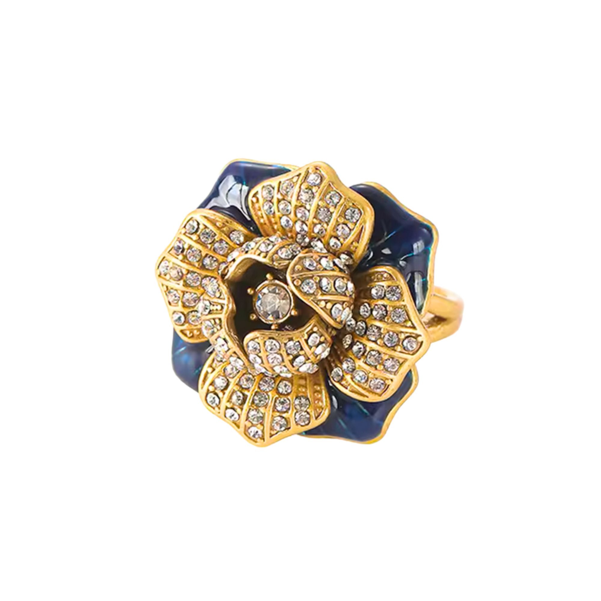 MizDragonfly Jewelry Singapore Vintage Flower Blue Gold Rhinestone Cocktail Ring Side