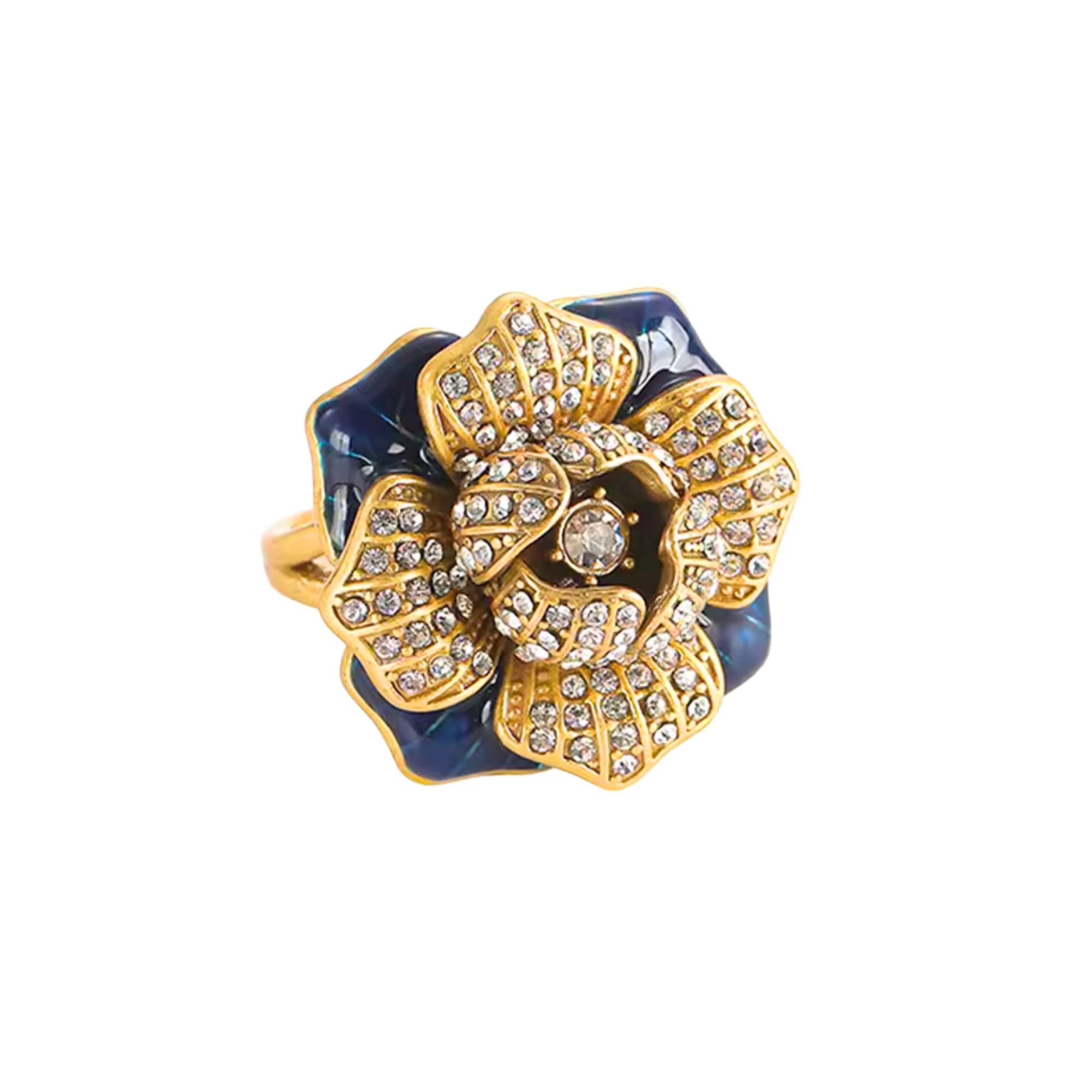 MizDragonfly Jewelry Singapore Vintage Flower Blue Gold Rhinestone Cocktail Ring