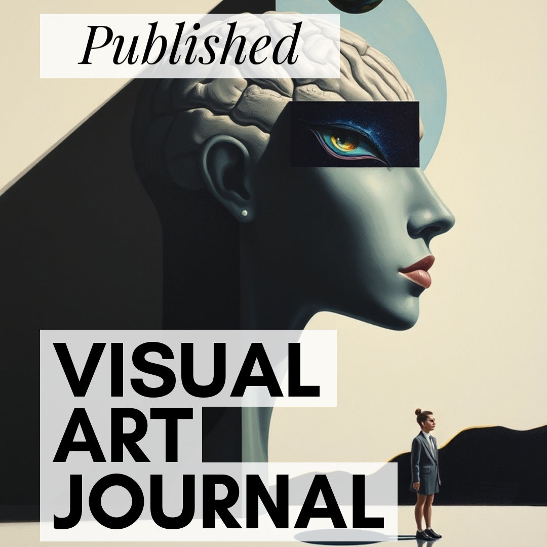 Visual Art Journal Theta Artwork Muse Series with a stylized face, brain, and globe design.