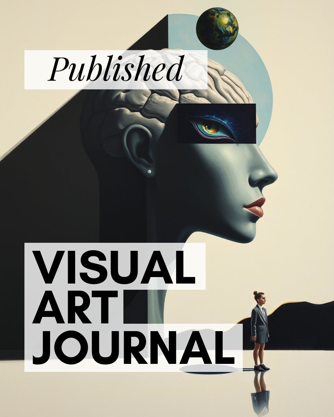 Visual Art Journal Theta Artwork Muse Series with a stylized face, brain, and globe design.