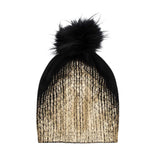 Cashmere Metallic Gold Black Real Fur Pompom Beanie - Fire