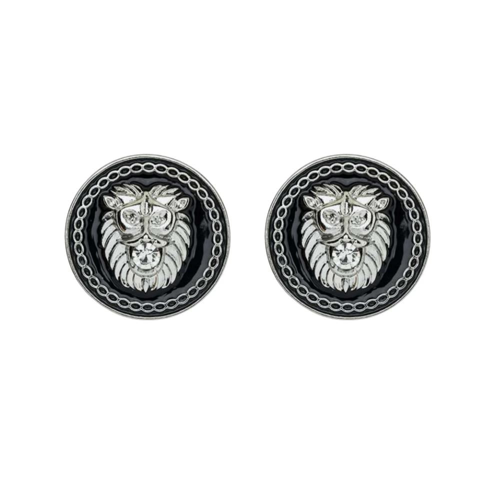 MizDragonfly Jewelry Black_Silver Lion Rhinestone Stud Earrings