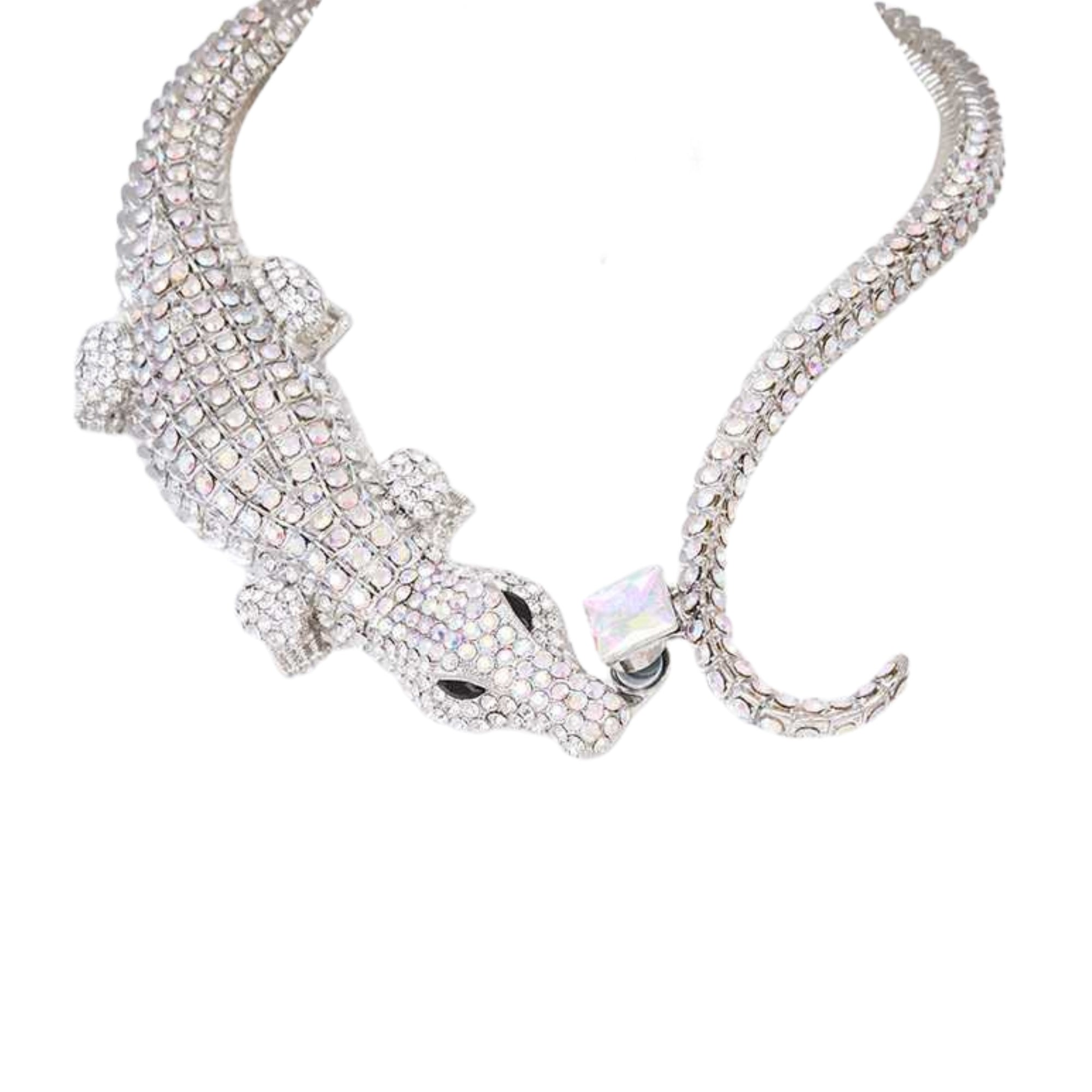 MizDragonfly Jewelry Cayman Silver Crocodile Rhinestone Necklace