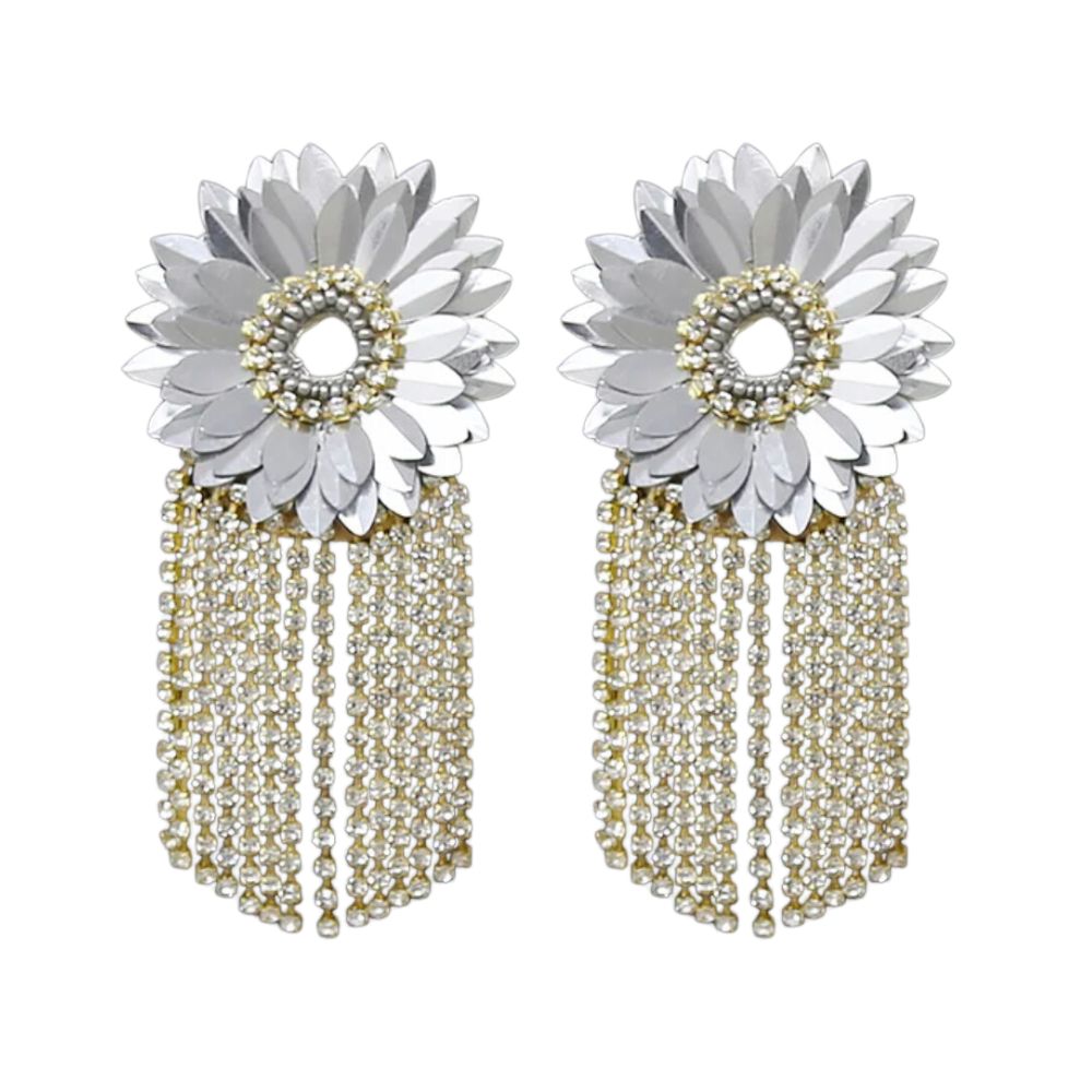 MizDragonfly Jewelry Daisy Silver Flower Rhinestones Fringe Drop Earrings