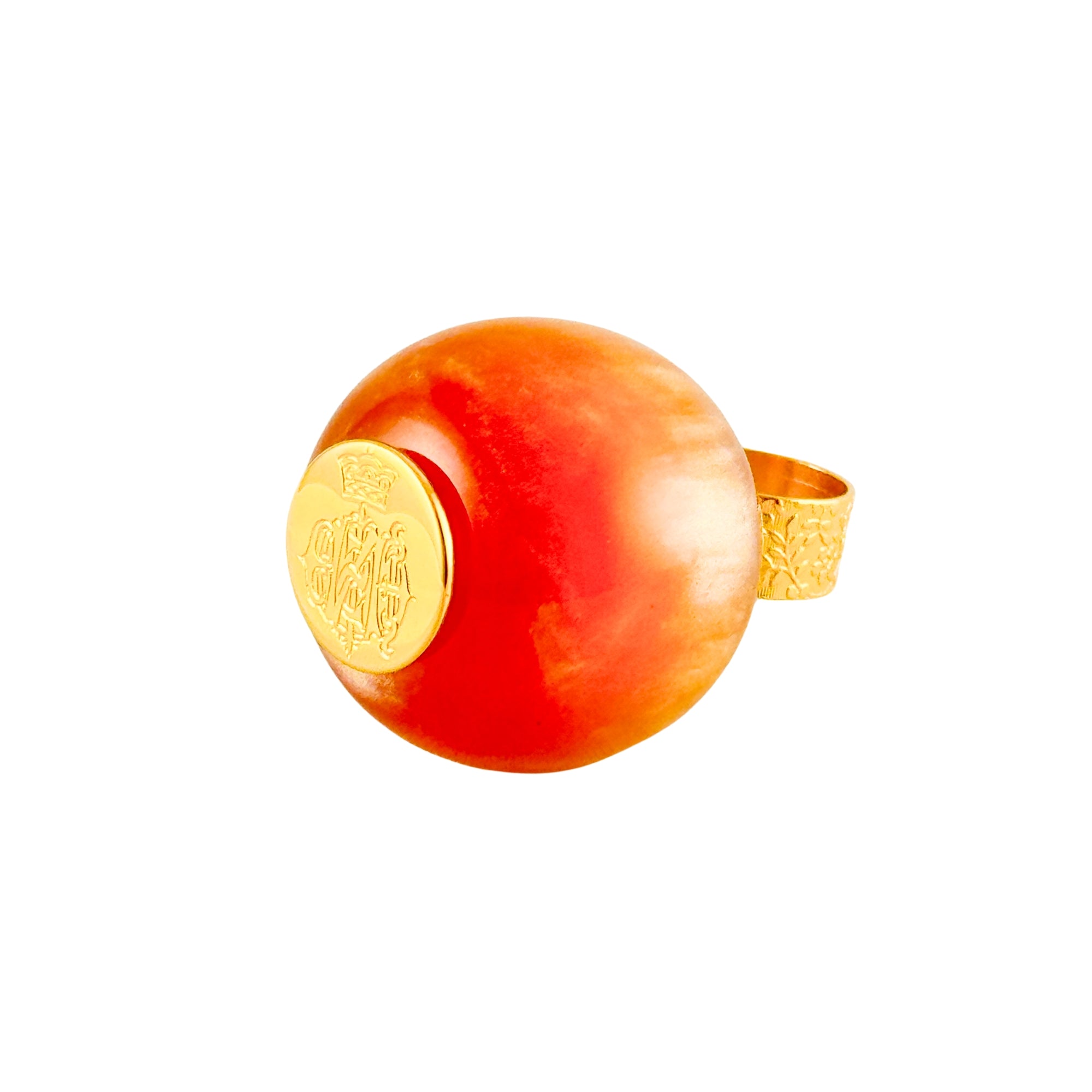 MizDragonfly Jewelry Diana Crown Orange Lucite Oversized Gold Ring Angle