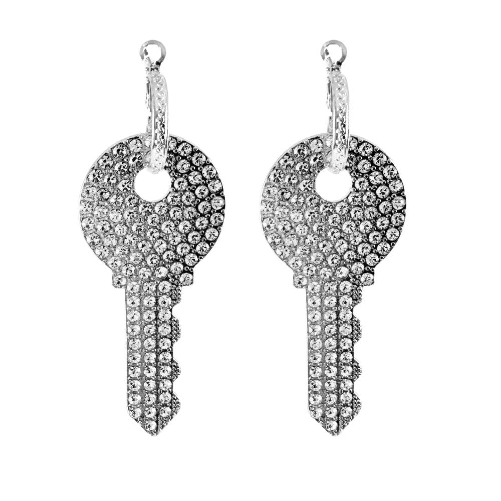 MizDragonfly Jewelry Kode Rhinestone Pave Silver Key Hoop Earrings