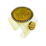 MizDragonfly Jewelry Napoleon Vintage Gold Coin Rhinestone White Lucite Bracelet Angle
