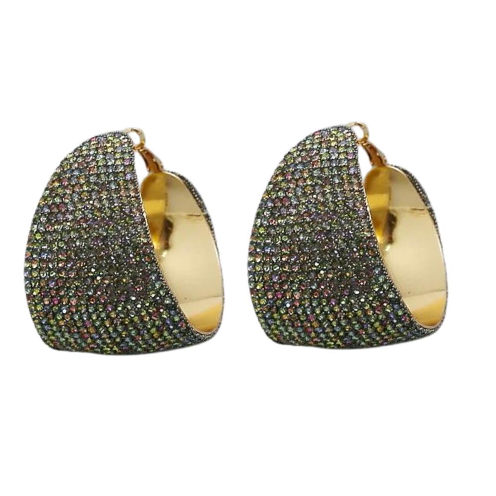 Selena Rhinestone Pave Statement Hoop Earrings Holographic Gold MizDragonfly