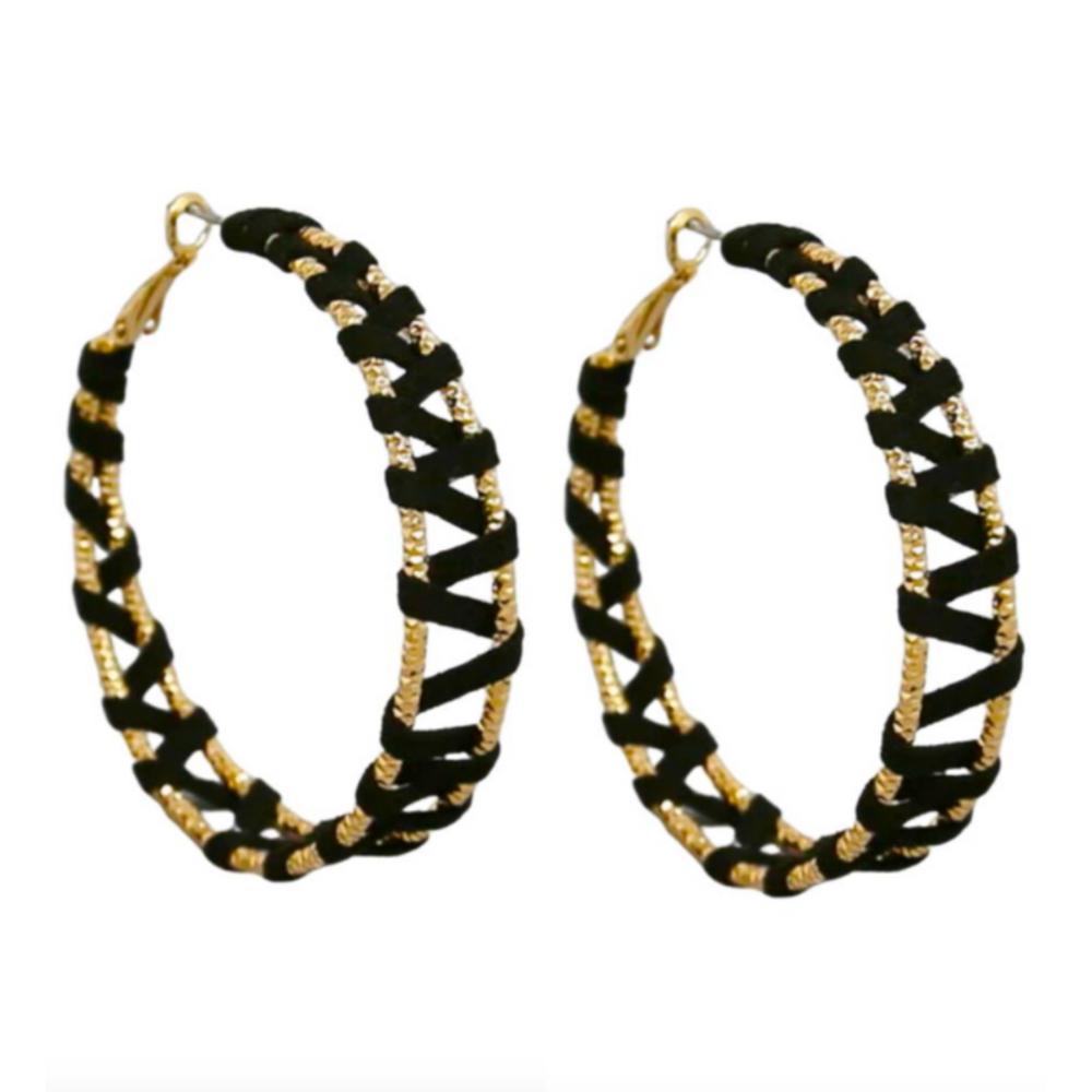 MizDragonfly Jewelry Soho Black Woven Suede Gold Statement Hoop Earrings