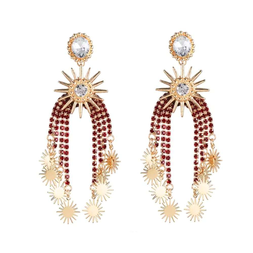 MizDragonfly Jewelry Soulstice Red Rhinestone Fringe Drop Statement Earrings