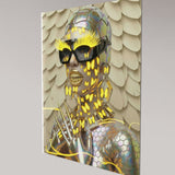 Digital surrealist portrait of the Mother Nature Series 'Metamorphosis'. Surreal artwork by MizDragonfly. Displayed on a beige wall featuring an alternative angle view artwork and highlighting the 4mm acrylic glass view.