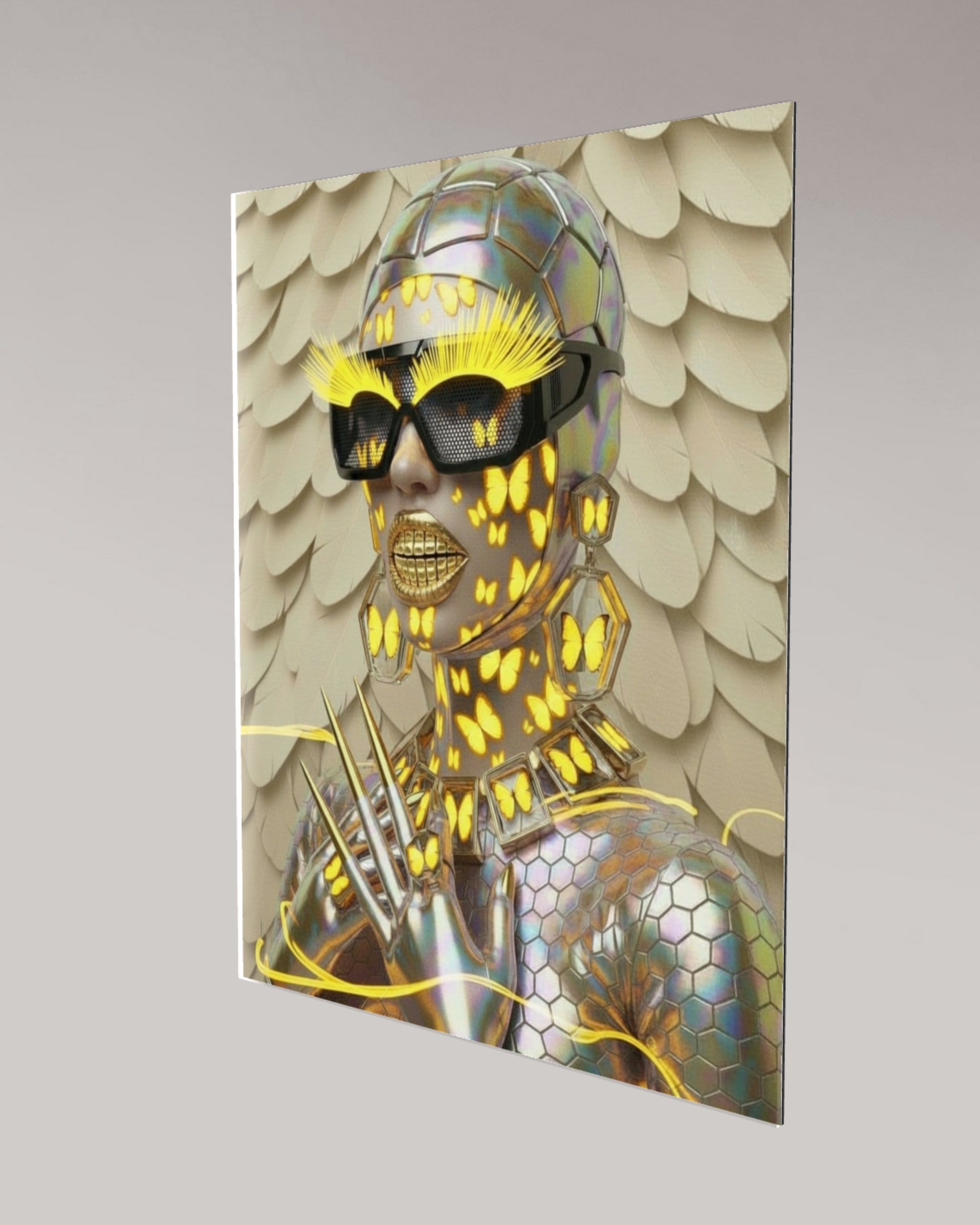 Digital surrealist portrait of the Mother Nature Series 'Metamorphosis'. Surreal artwork by MizDragonfly. Displayed on a beige wall featuring an alternative angle view artwork and highlighting the 4mm acrylic glass view.