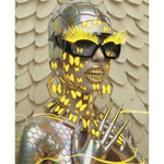 Digital surrealist portrait of the Mother Nature Series 'Metamorphosis' artwork featuring a model wearing oversized black mesh sunglasses with electric neon yellow eye lashes and skin deep butterflies, metal gold smile in an iridescent snakeskin outfit. Yellow feather background. Surreal artwork by MizDragonfly. 