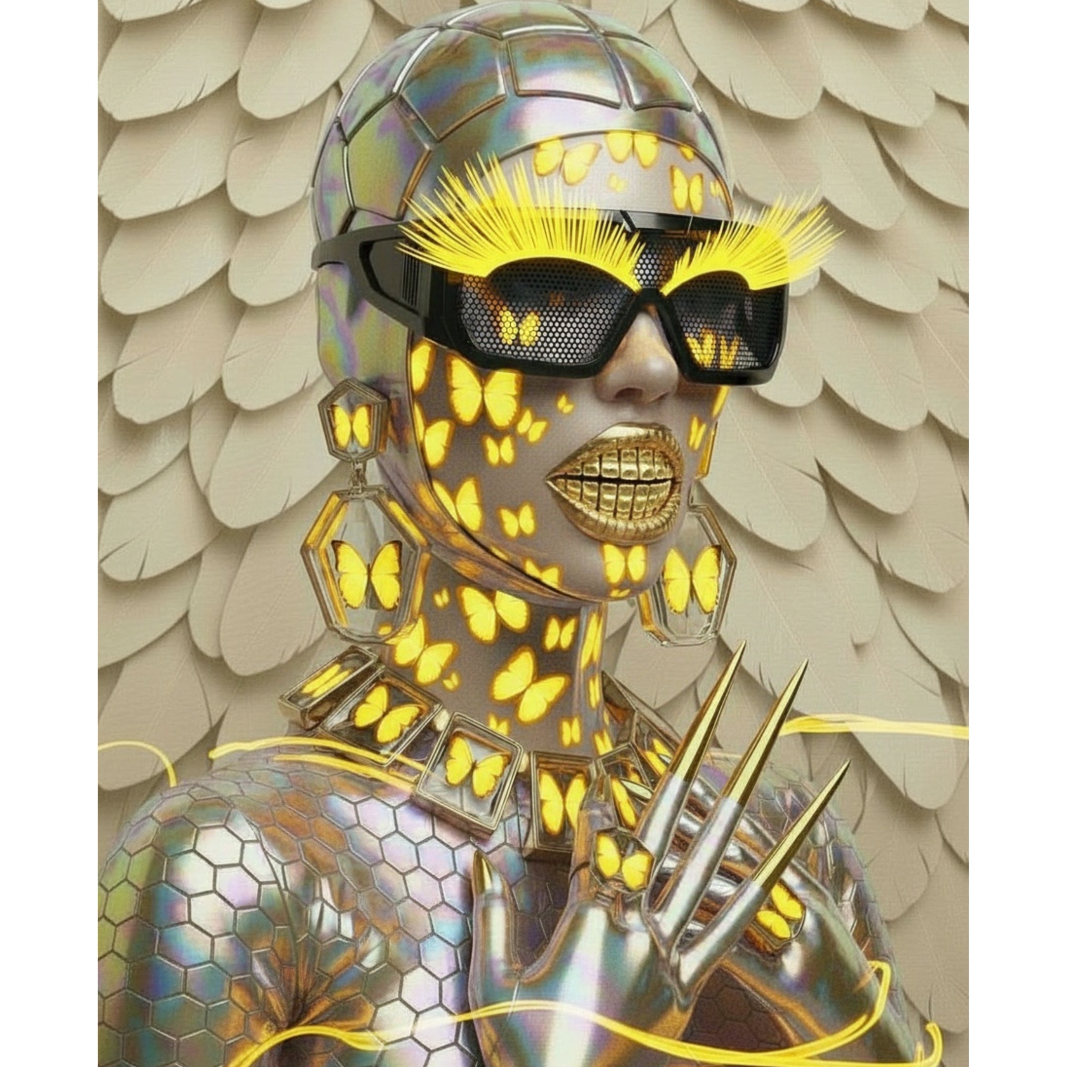 Digital surrealist portrait of the Mother Nature Series 'Metamorphosis' artwork featuring a model wearing oversized black mesh sunglasses with electric neon yellow eye lashes and skin deep butterflies, metal gold smile in an iridescent snakeskin outfit. Yellow feather background. Surreal artwork by MizDragonfly. 