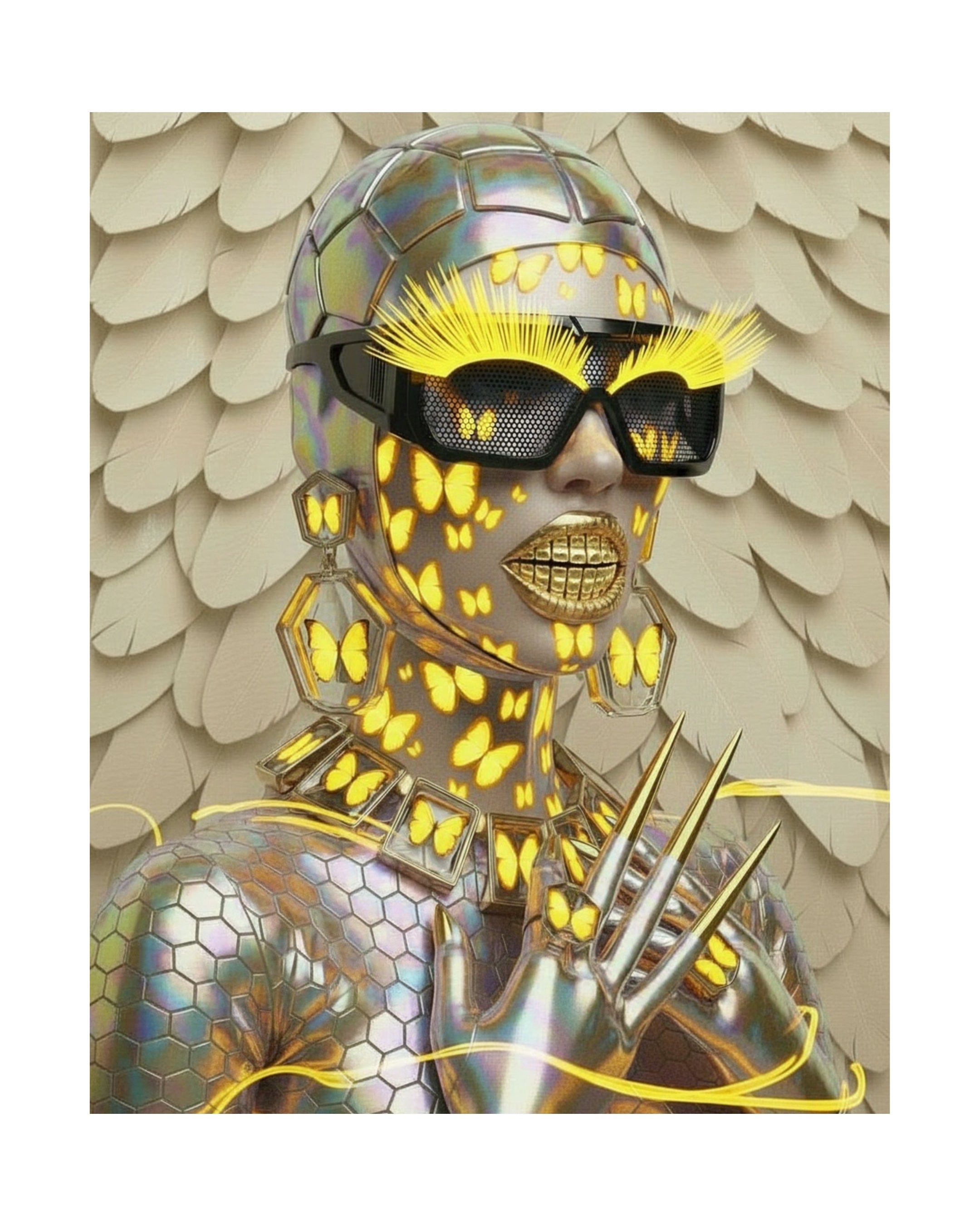 Digital surrealist portrait of the Mother Nature Series 'Metamorphosis' artwork featuring a model wearing oversized black mesh sunglasses with electric neon yellow eye lashes and skin deep butterflies, metal gold smile in an iridescent snakeskin outfit. Yellow feather background. Surreal artwork by MizDragonfly. 