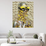 Digital surrealist portrait of the Mother Nature Series 'Metamorphosis' artwork featuring a model wearing oversized black mesh sunglasses with electric neon yellow eye lashes and skin deep butterflies, metal gold smile in an iridescent snakeskin outfit. Yellow feather background. Surreal artwork by MizDragonfly. Artwork displayed on the wall in a modern living room.