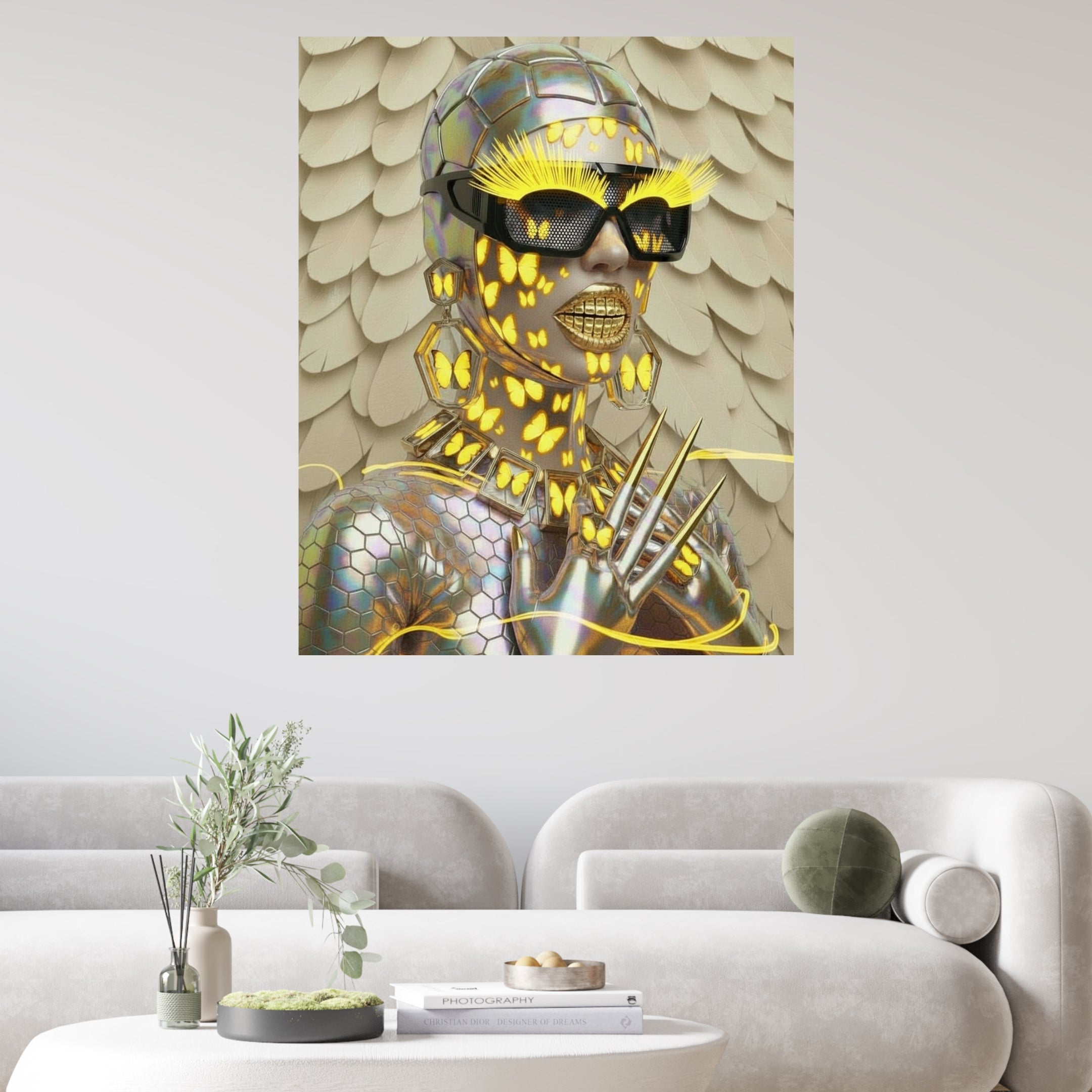 Digital surrealist portrait of the Mother Nature Series 'Metamorphosis' artwork featuring a model wearing oversized black mesh sunglasses with electric neon yellow eye lashes and skin deep butterflies, metal gold smile in an iridescent snakeskin outfit. Yellow feather background. Surreal artwork by MizDragonfly. Artwork displayed on the wall in a modern living room.