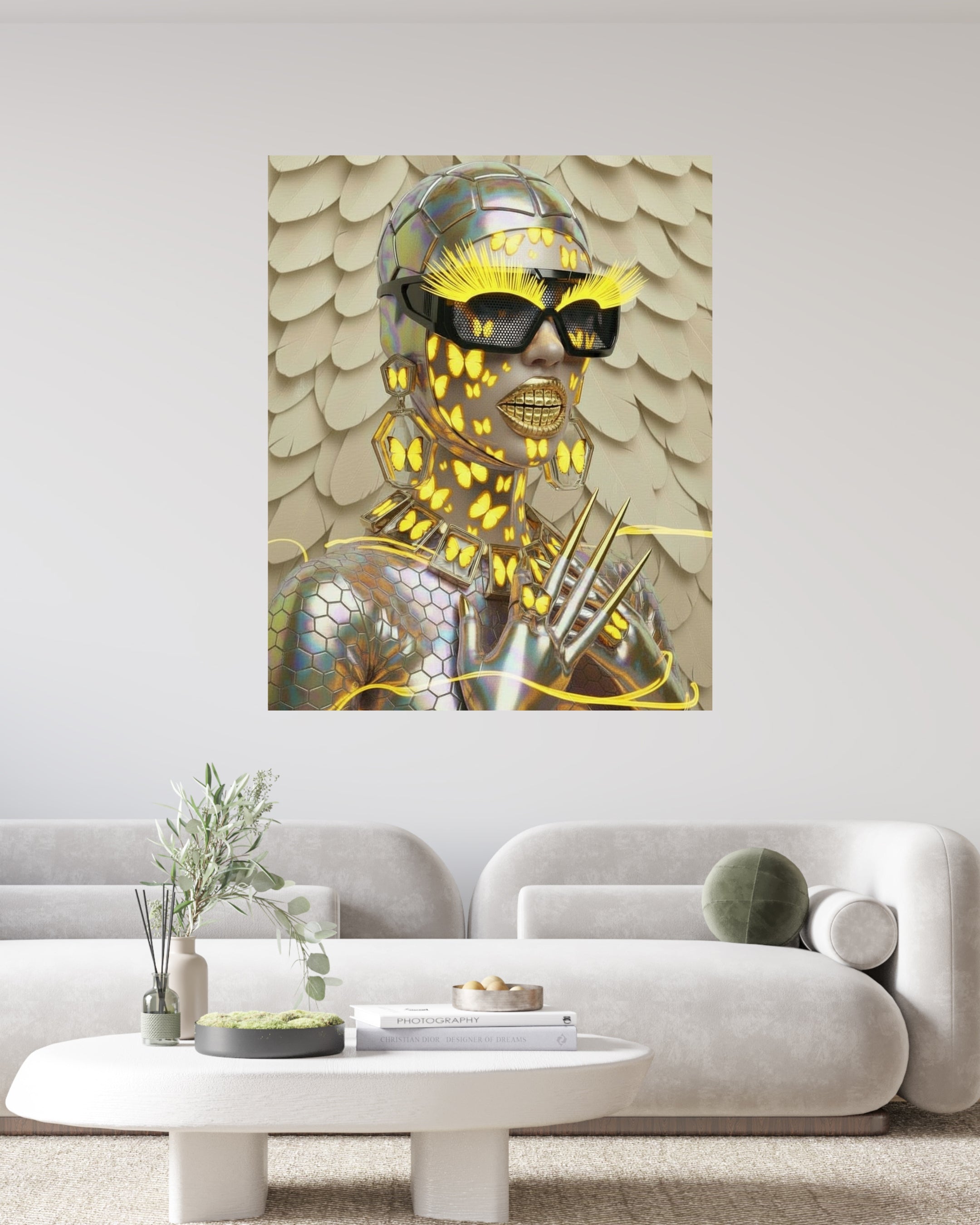 Digital surrealist portrait of the Mother Nature Series 'Metamorphosis' artwork featuring a model wearing oversized black mesh sunglasses with electric neon yellow eye lashes and skin deep butterflies, metal gold smile in an iridescent snakeskin outfit. Yellow feather background. Surreal artwork by MizDragonfly. Artwork displayed on the wall in a modern living room.