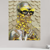Digital surrealist portrait of the Mother Nature Series 'Metamorphosis' surreal artwork by MizDragonfly displayed on a beige wall in a modern office.