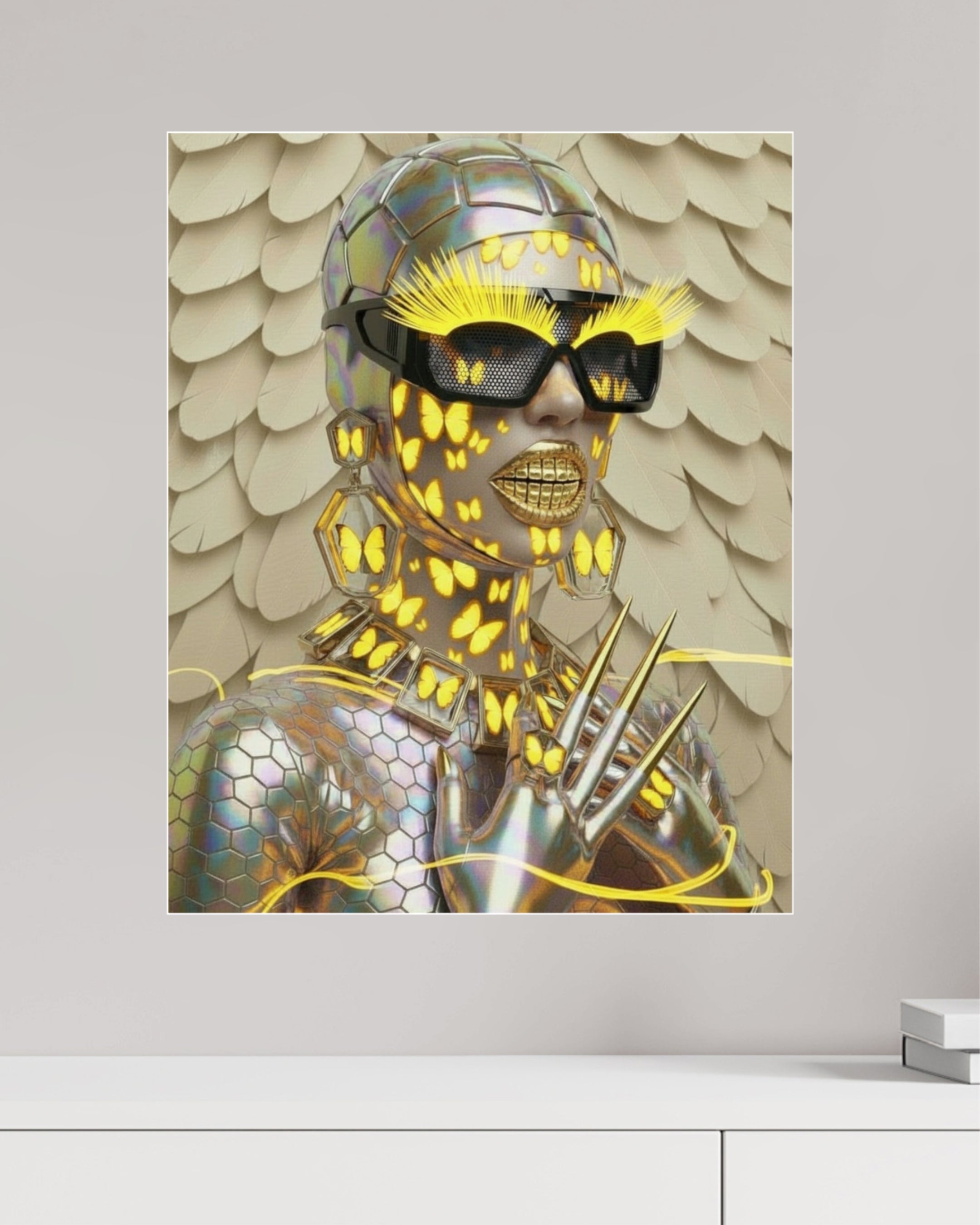 Digital surrealist portrait of the Mother Nature Series 'Metamorphosis' surreal artwork by MizDragonfly displayed on a beige wall in a modern office.