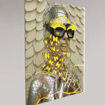Digital surrealist portrait of the Mother Nature Series 'Metamorphosis'. Surreal artwork by MizDragonfly. Displayed on a beige wall in an angle featured the 4mm acrylic glass view.