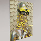 Digital surrealist portrait of the Mother Nature Series 'Metamorphosis'. Surreal artwork by MizDragonfly. Displayed on a beige wall in an angle featured the 4mm acrylic glass view.