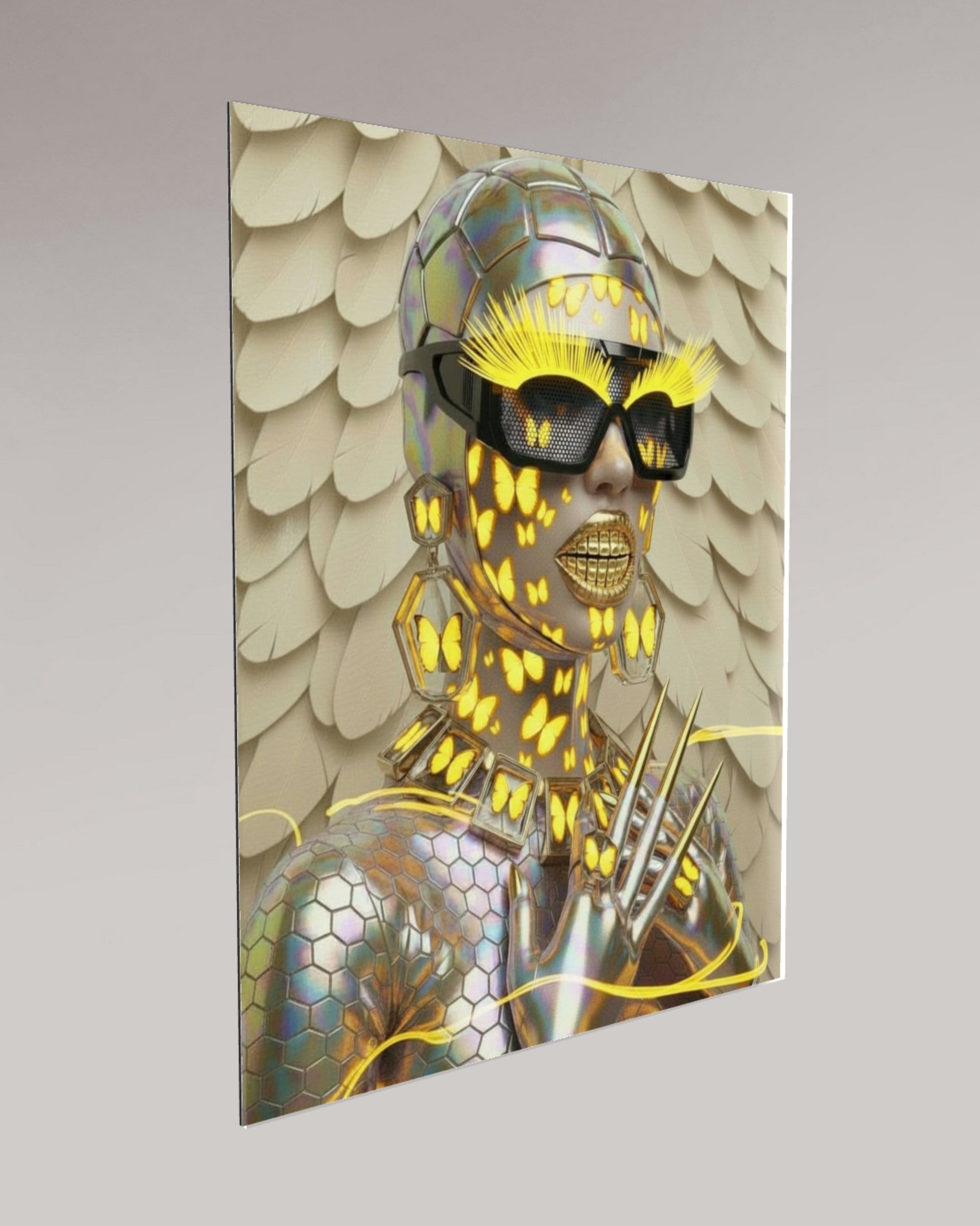 Digital surrealist portrait of the Mother Nature Series 'Metamorphosis'. Surreal artwork by MizDragonfly. Displayed on a beige wall in an angle featured the 4mm acrylic glass view.