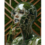 Digital surrealist portrait of the Mother Nature Series 'Qi' artwork featuring a translucent, glass-like bust filled with moss and white veins with silver diamonds teeth and square gold rings with black diamonds and M monogram. Neutral colours in green, white, brown wood Artwork by MizDragonfly.