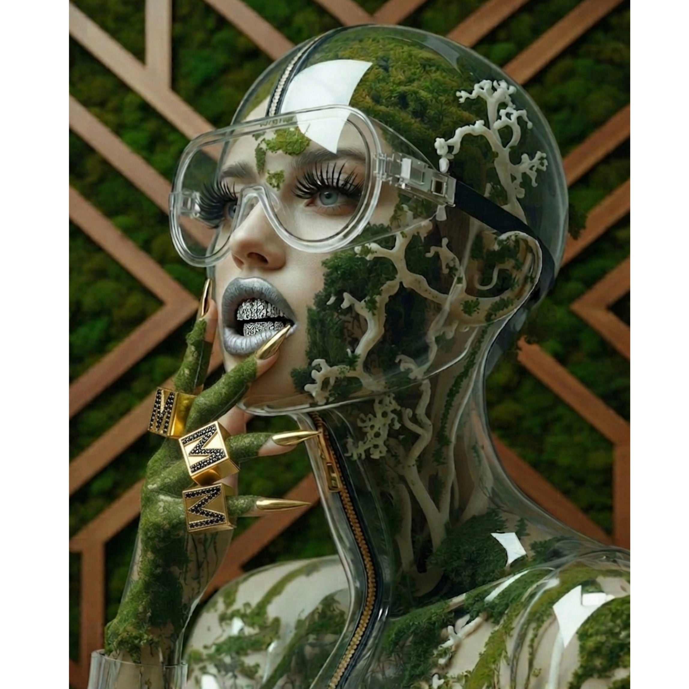 Digital surrealist portrait of the Mother Nature Series 'Qi' artwork featuring a translucent, glass-like bust filled with moss and white veins with silver diamonds teeth and square gold rings with black diamonds and M monogram. Neutral colours in green, white, brown wood Artwork by MizDragonfly.