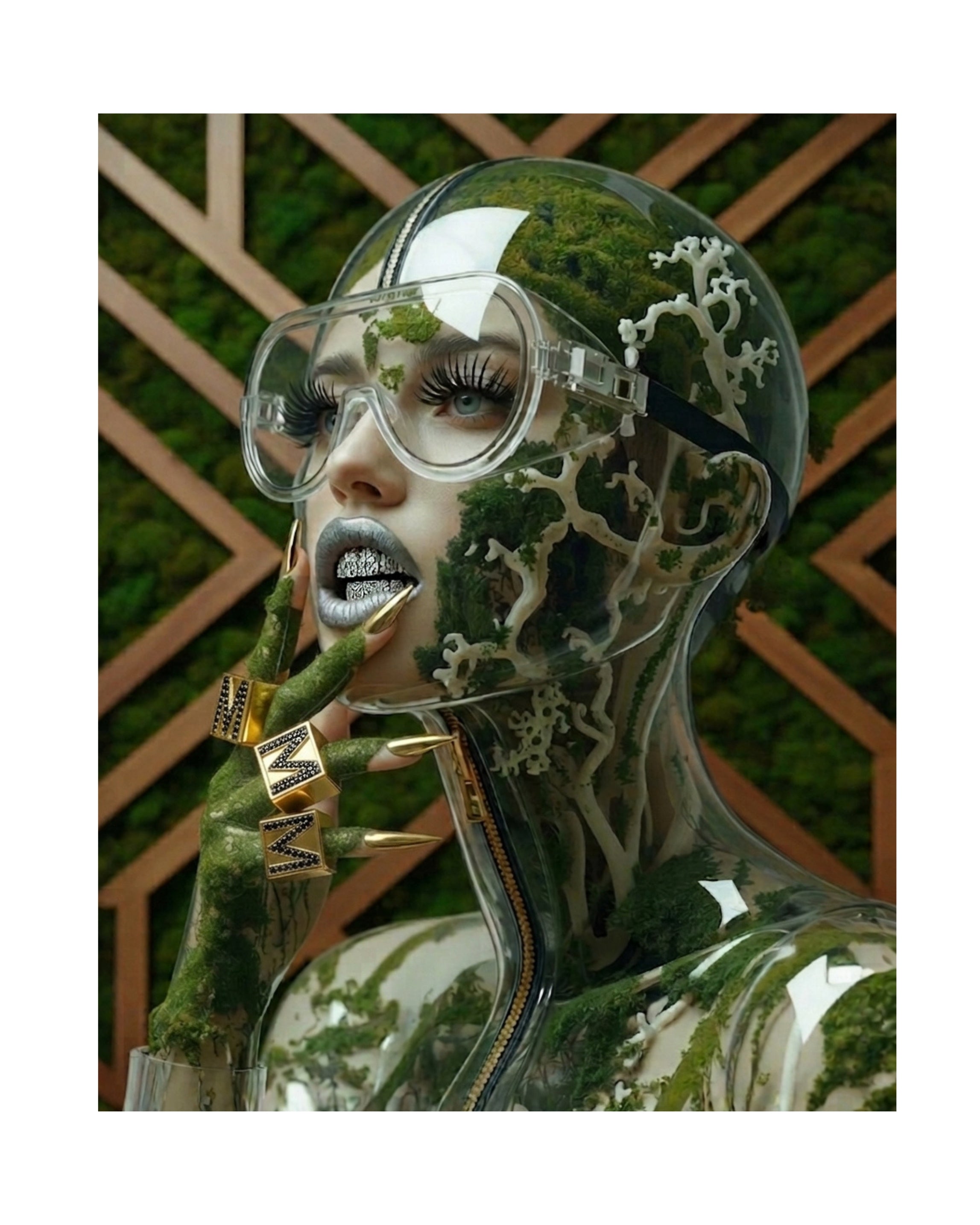Digital surrealist portrait of the Mother Nature Series 'Qi' artwork featuring a translucent, glass-like bust filled with moss and white veins with silver diamonds teeth and square gold rings with black diamonds and M monogram. Neutral colours in green, white, brown wood Artwork by MizDragonfly.