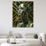 Lifestyle illustration of the "Mother Nature" Qi artwork featuring a translucent, glass-like bust filled with moss and white veins with silver diamonds teeth and square gold rings with black diamonds and M monogram. displayed on a wall in a white modern living room. 
